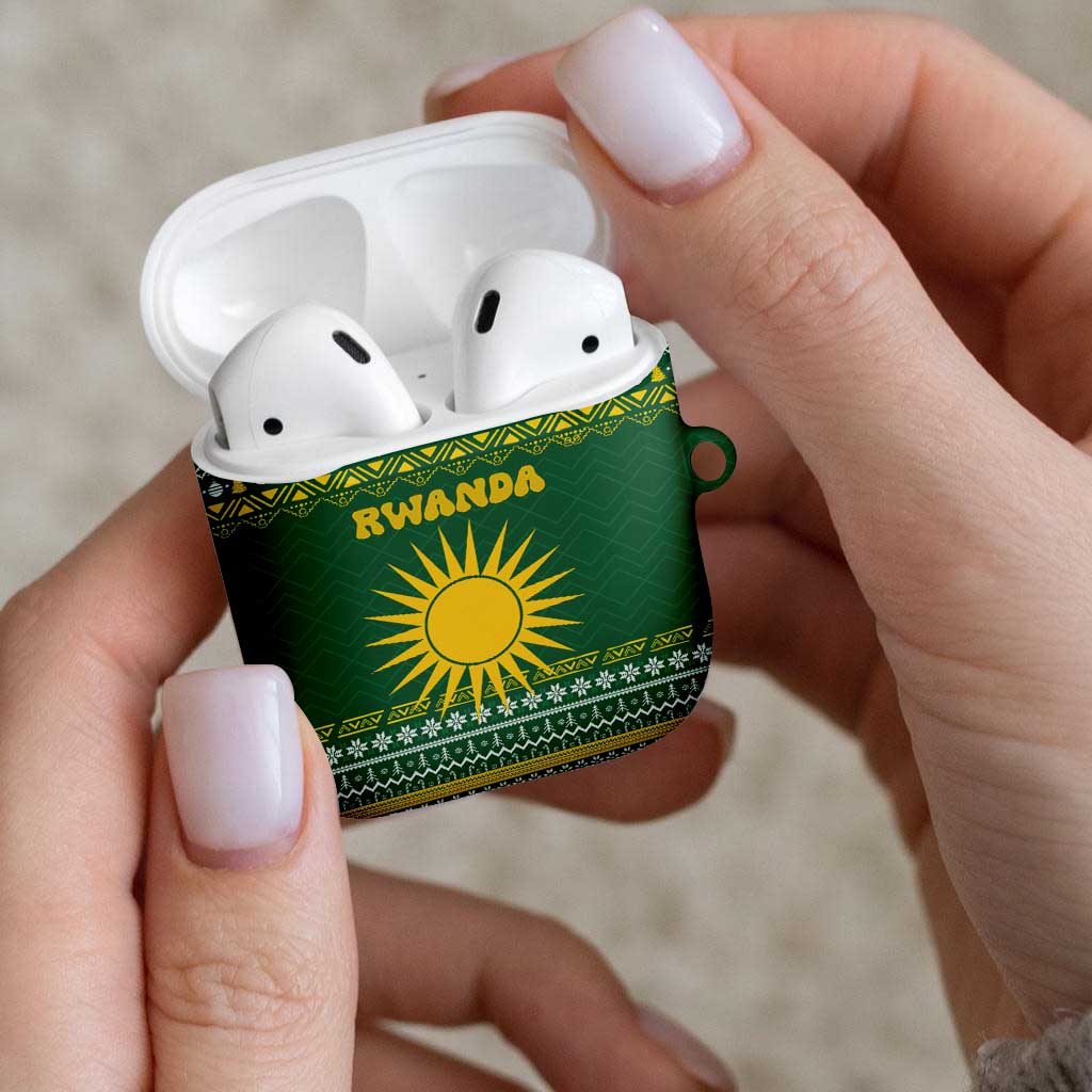Rwanda Christmas AirPods Case with Green-Yellow Pattern, National Emblem, and Radiant Sun Motif - Wonder Print Shop