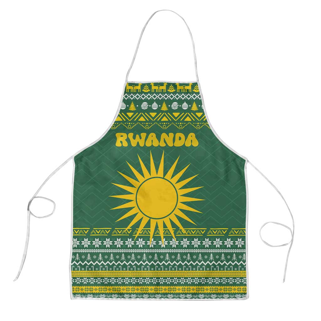 Rwanda Christmas Apron with Green-Yellow Pattern, National Emblem, and Radiant Sun Motif - Wonder Print Shop