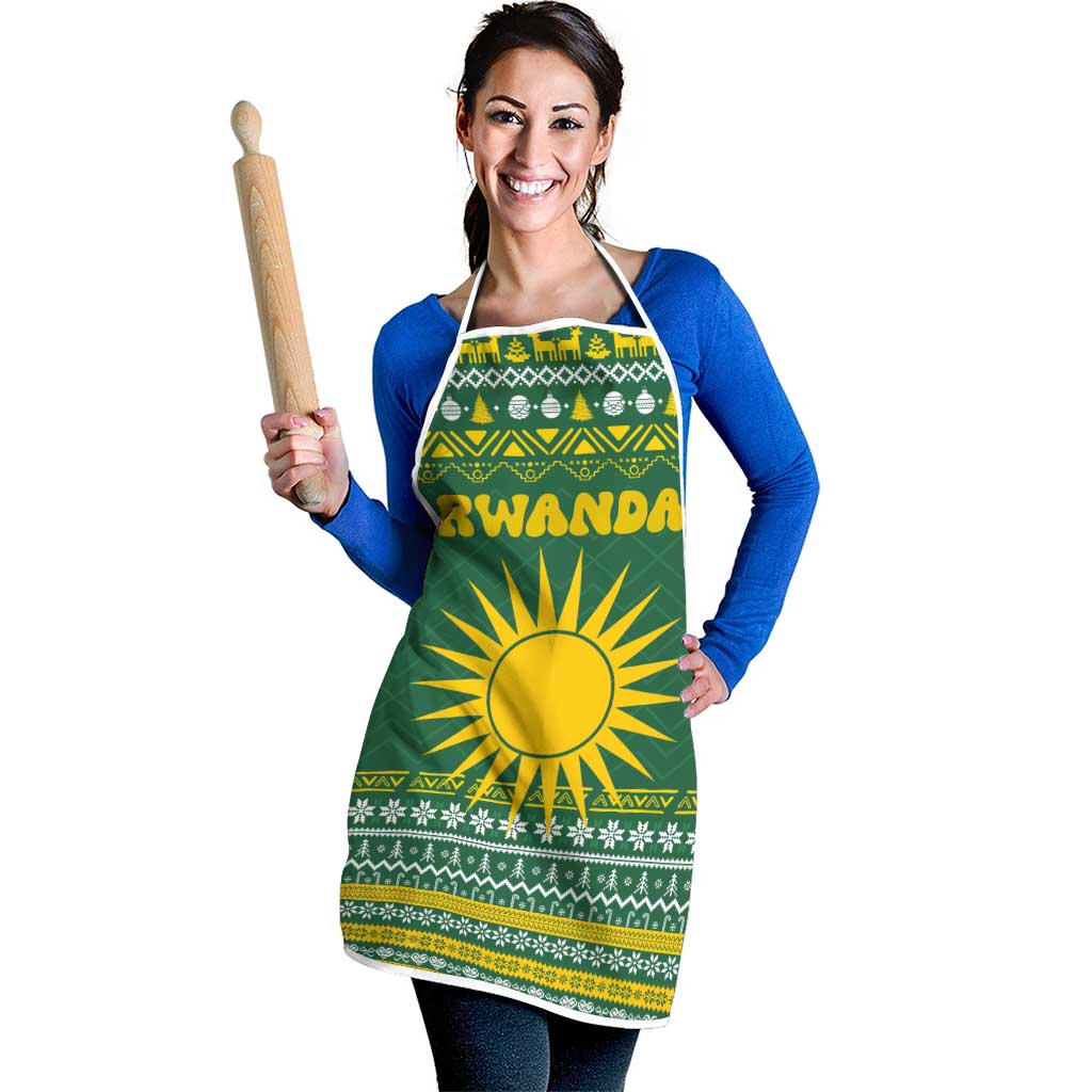 Rwanda Christmas Apron with Green-Yellow Pattern, National Emblem, and Radiant Sun Motif - Wonder Print Shop