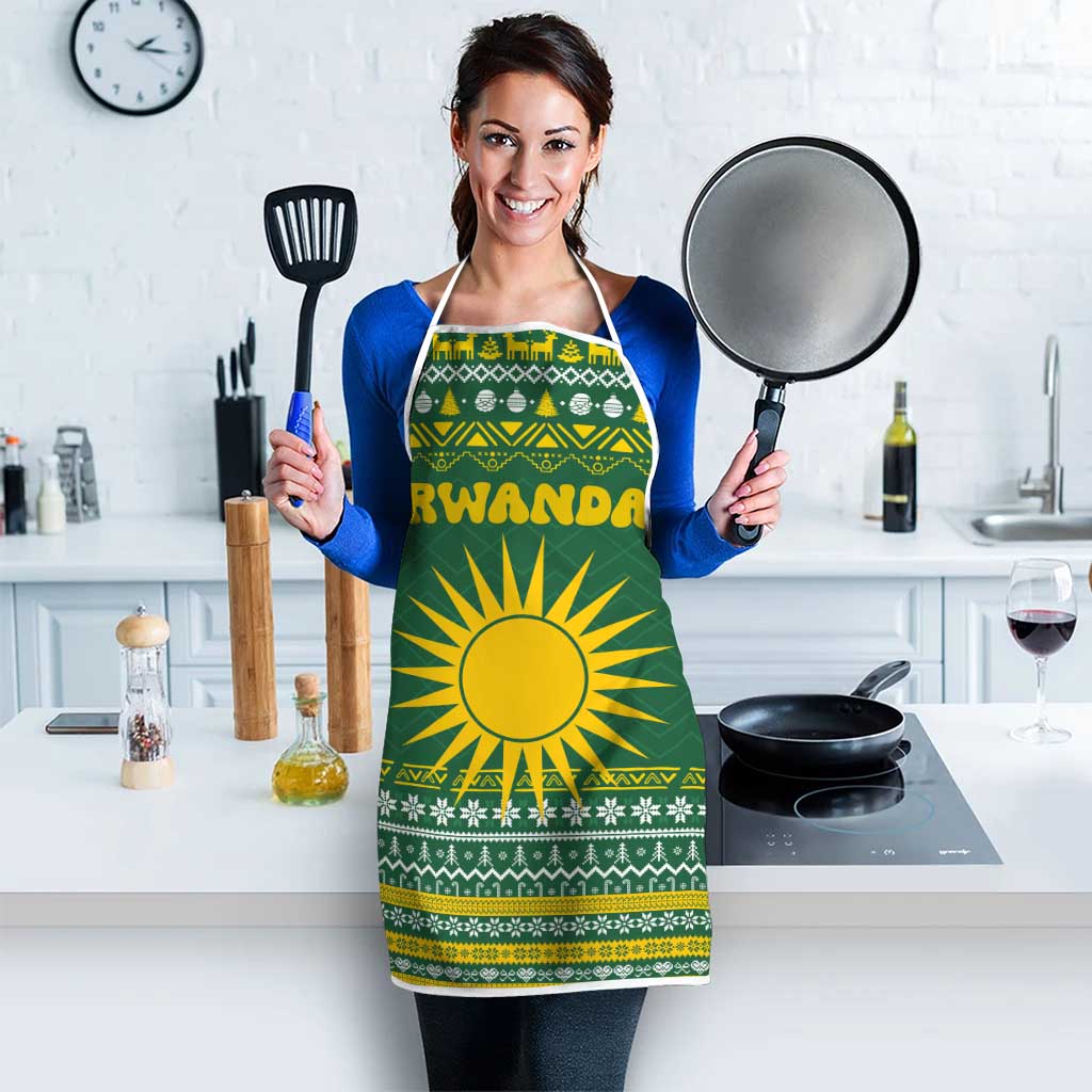 Rwanda Christmas Apron with Green-Yellow Pattern, National Emblem, and Radiant Sun Motif - Wonder Print Shop