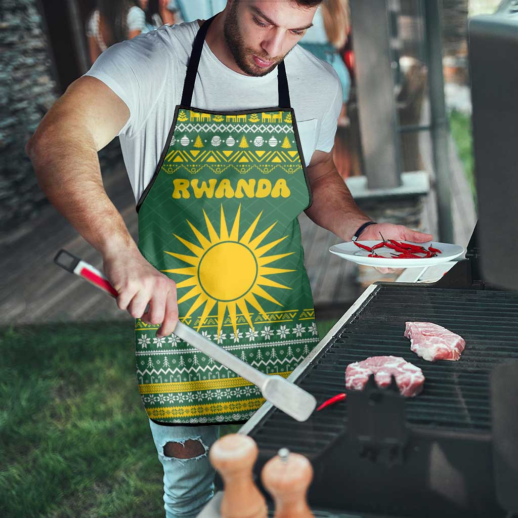 Rwanda Christmas Apron with Green-Yellow Pattern, National Emblem, and Radiant Sun Motif - Wonder Print Shop