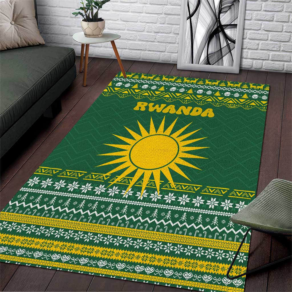 Rwanda Christmas Area Rug with Green-Yellow Pattern, National Emblem, and Radiant Sun Motif - Wonder Print Shop