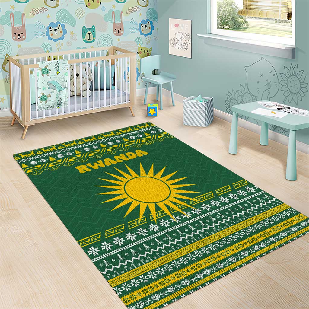 Rwanda Christmas Area Rug with Green-Yellow Pattern, National Emblem, and Radiant Sun Motif - Wonder Print Shop