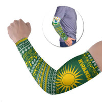 Rwanda Christmas Arm Sleeves with Green-Yellow Pattern, National Emblem, and Radiant Sun Motif - Wonder Print Shop