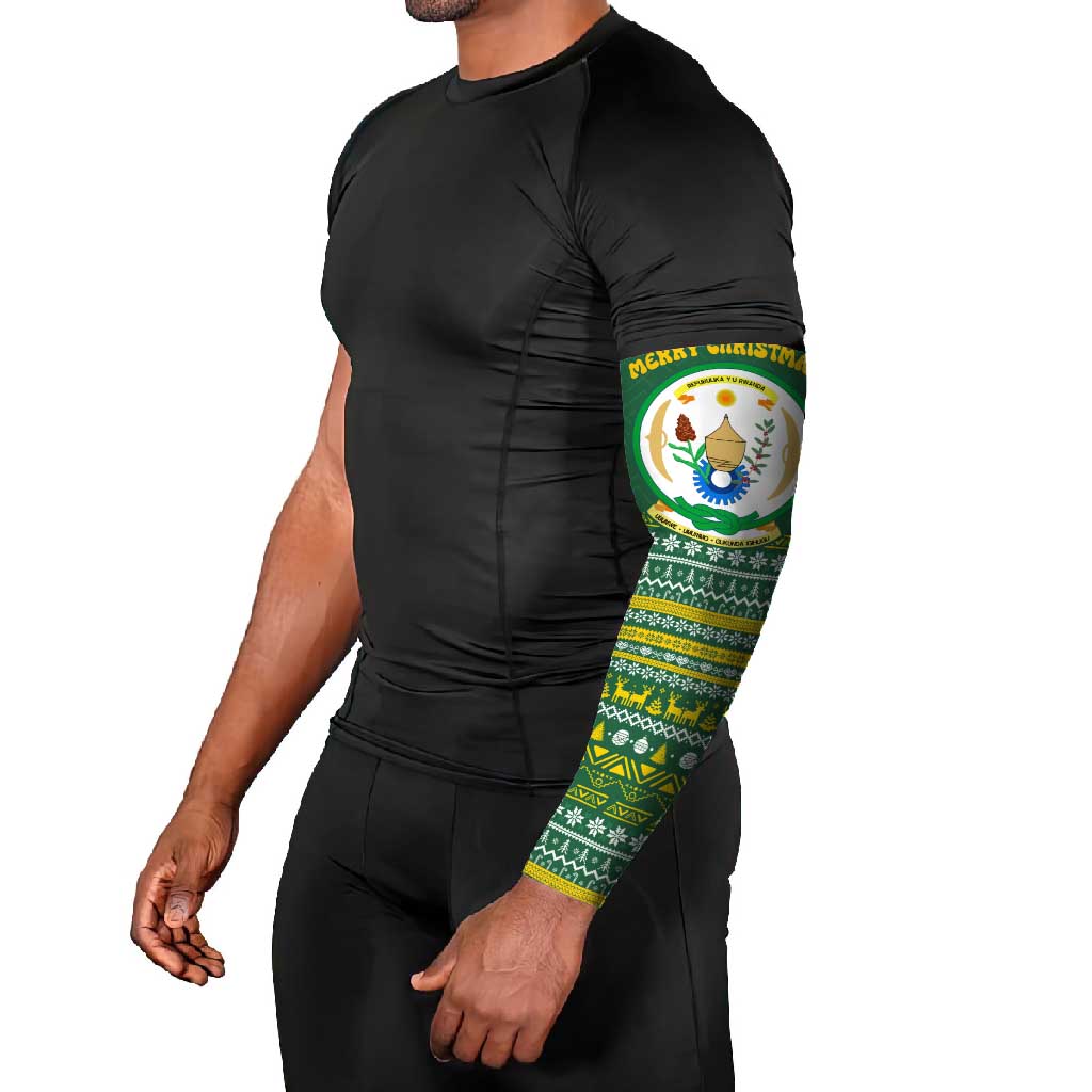 Rwanda Christmas Arm Sleeves with Green-Yellow Pattern, National Emblem, and Radiant Sun Motif - Wonder Print Shop