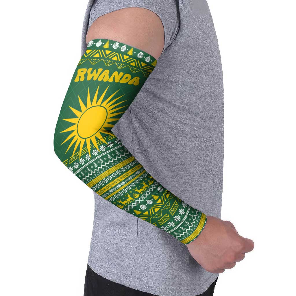 Rwanda Christmas Arm Sleeves with Green-Yellow Pattern, National Emblem, and Radiant Sun Motif - Wonder Print Shop