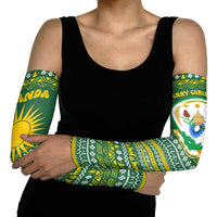 Rwanda Christmas Arm Sleeves with Green-Yellow Pattern, National Emblem, and Radiant Sun Motif - Wonder Print Shop