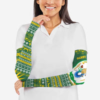 Rwanda Christmas Arm Sleeves with Green-Yellow Pattern, National Emblem, and Radiant Sun Motif - Wonder Print Shop
