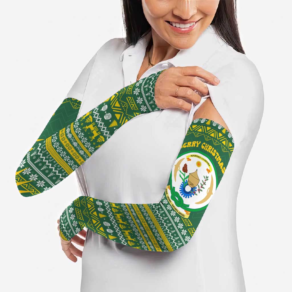 Rwanda Christmas Arm Sleeves with Green-Yellow Pattern, National Emblem, and Radiant Sun Motif - Wonder Print Shop