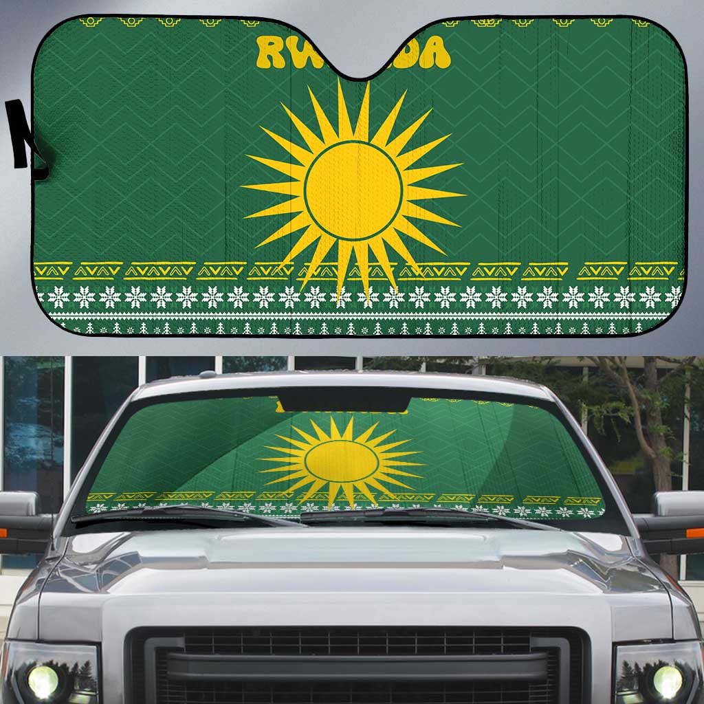 Rwanda Christmas Auto Sun Shade with Green-Yellow Pattern, National Emblem, and Radiant Sun Motif - Wonder Print Shop