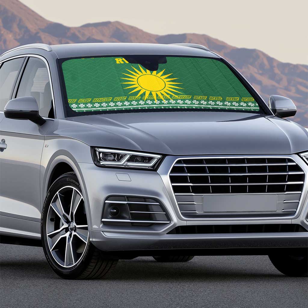 Rwanda Christmas Auto Sun Shade with Green-Yellow Pattern, National Emblem, and Radiant Sun Motif - Wonder Print Shop