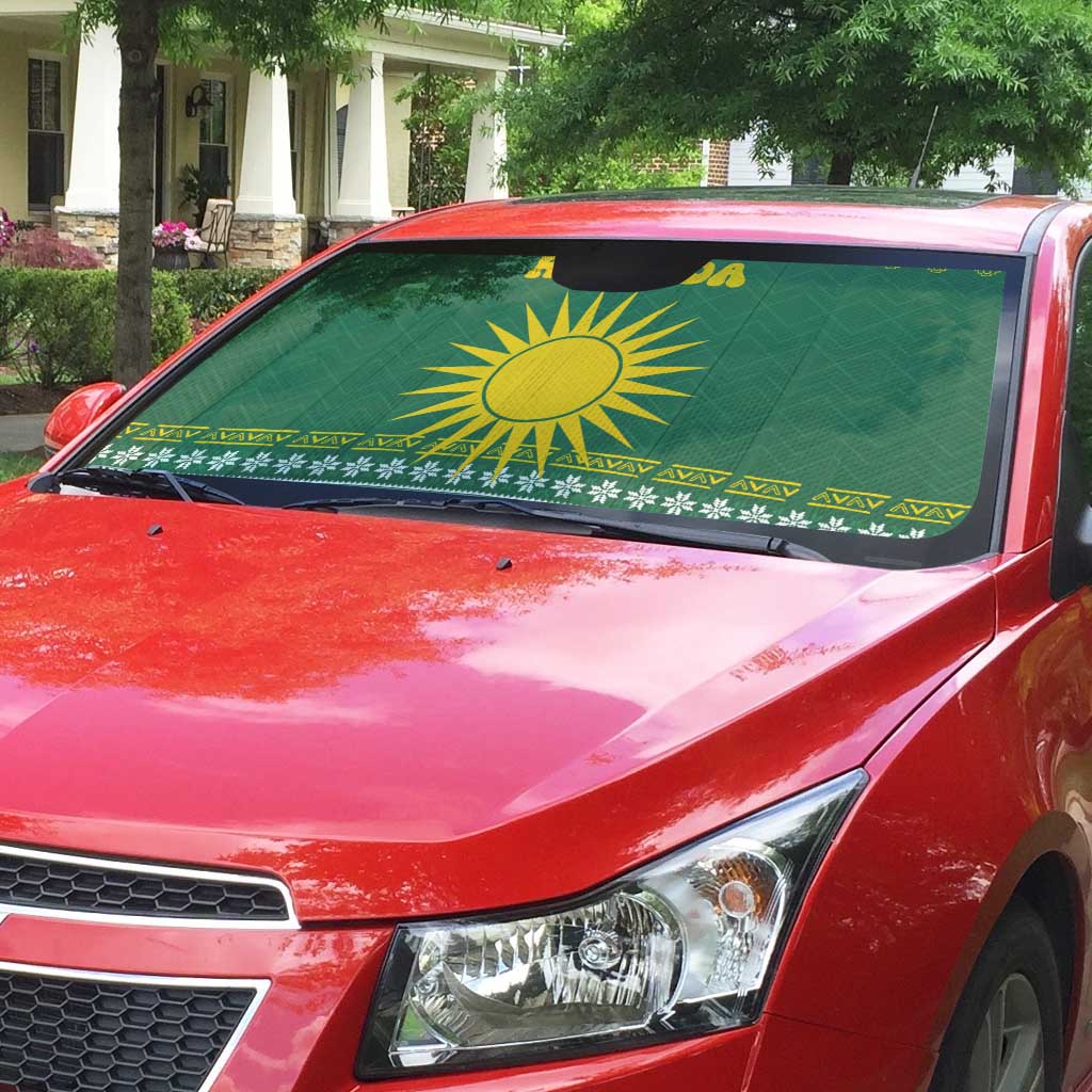 Rwanda Christmas Auto Sun Shade with Green-Yellow Pattern, National Emblem, and Radiant Sun Motif - Wonder Print Shop