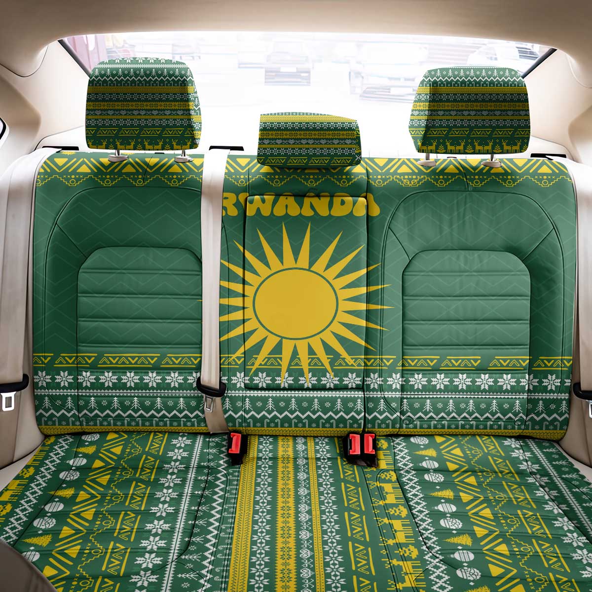 Rwanda Christmas Back Car Seat Cover with Green-Yellow Pattern, National Emblem, and Radiant Sun Motif - Wonder Print Shop