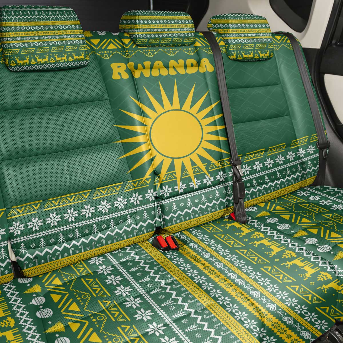 Rwanda Christmas Back Car Seat Cover with Green-Yellow Pattern, National Emblem, and Radiant Sun Motif - Wonder Print Shop