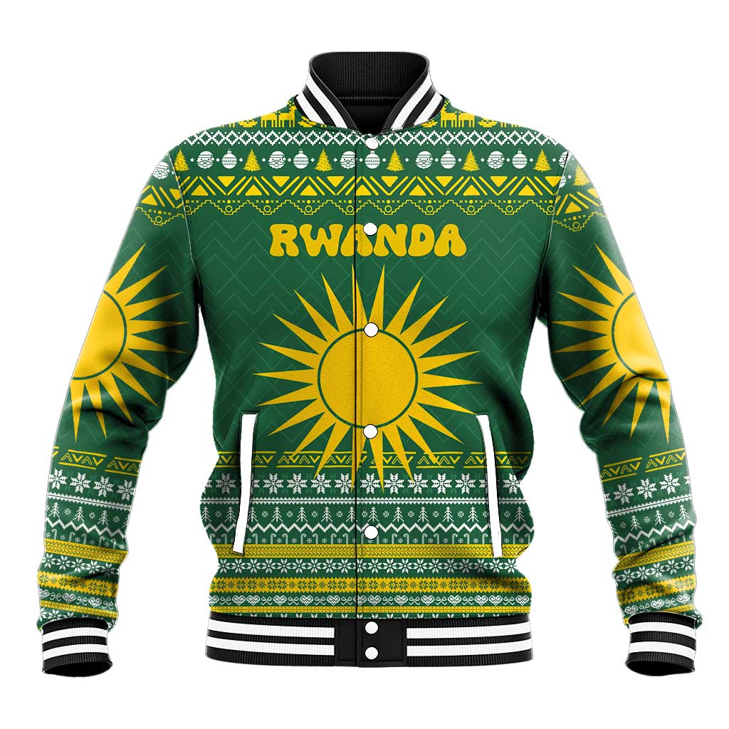 Rwanda Christmas Baseball Jacket with Green-Yellow Pattern, National Emblem, and Radiant Sun Motif - Wonder Print Shop