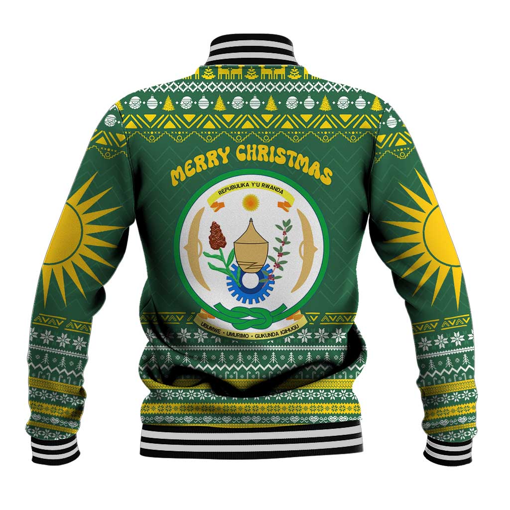 Rwanda Christmas Baseball Jacket with Green-Yellow Pattern, National Emblem, and Radiant Sun Motif - Wonder Print Shop