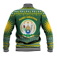 Rwanda Christmas Baseball Jacket with Green-Yellow Pattern, National Emblem, and Radiant Sun Motif - Wonder Print Shop