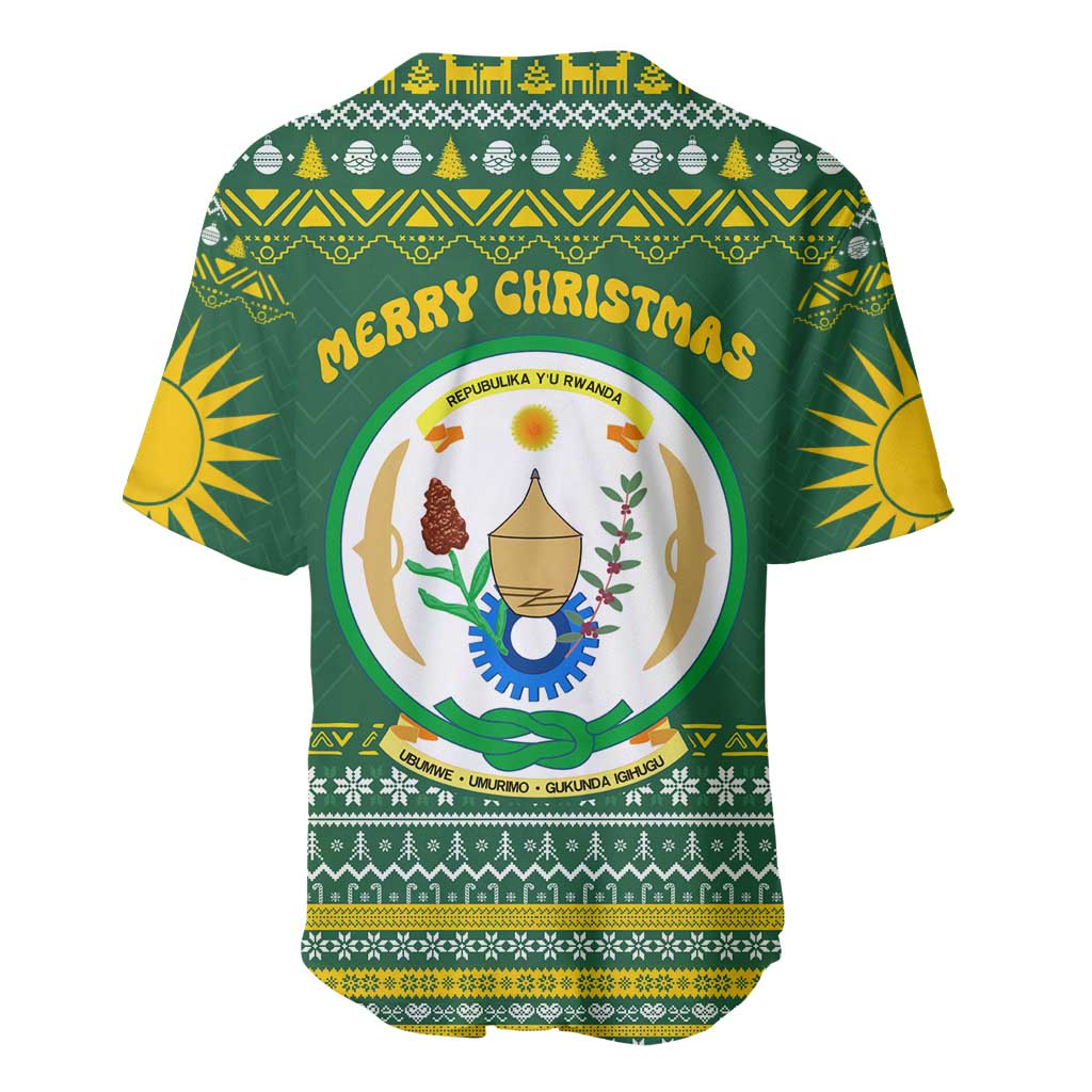 Rwanda Christmas Baseball Jersey with Green-Yellow Pattern, National Emblem, and Radiant Sun Motif - Wonder Print Shop