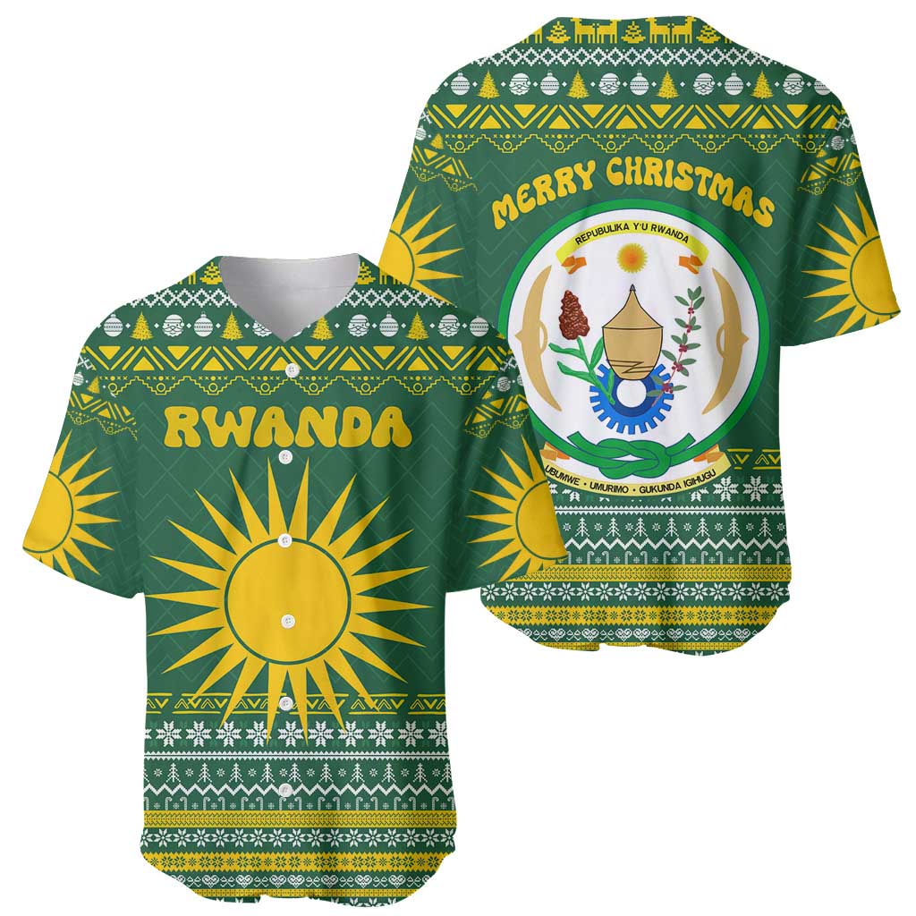 Rwanda Christmas Baseball Jersey with Green-Yellow Pattern, National Emblem, and Radiant Sun Motif - Wonder Print Shop