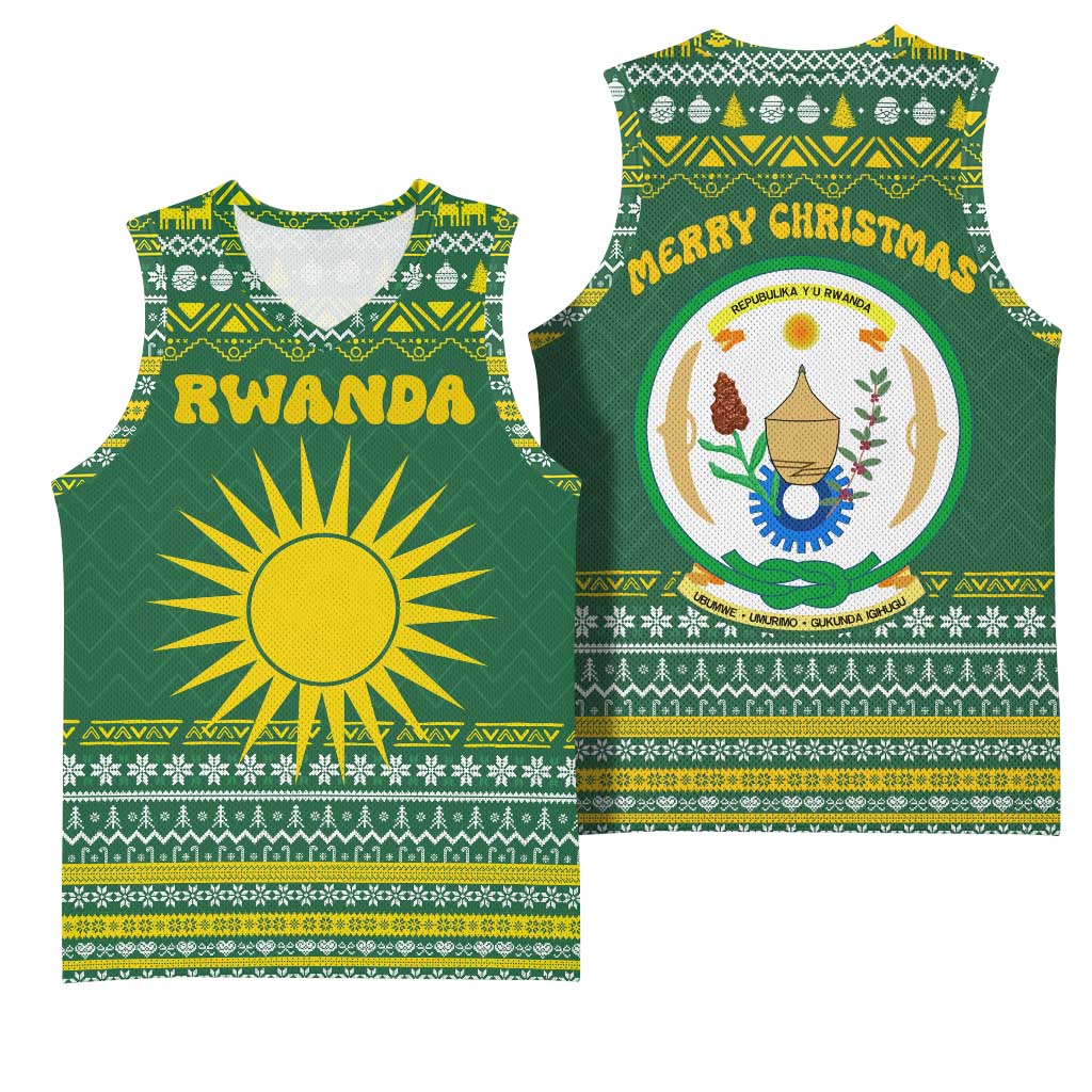 Rwanda Christmas Basketball Jersey with Green-Yellow Pattern, National Emblem, and Radiant Sun Motif - Wonder Print Shop