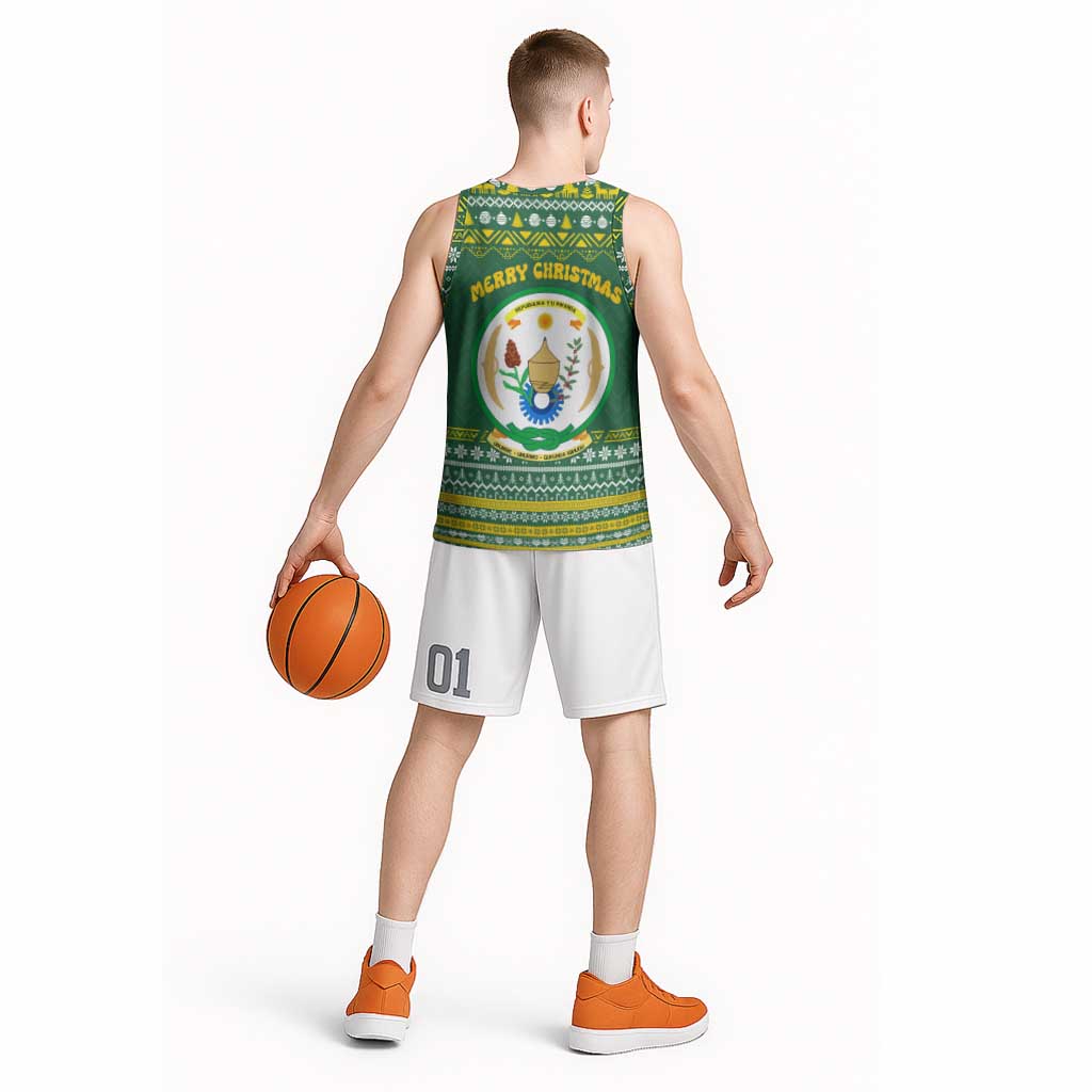 Rwanda Christmas Basketball Jersey with Green-Yellow Pattern, National Emblem, and Radiant Sun Motif - Wonder Print Shop