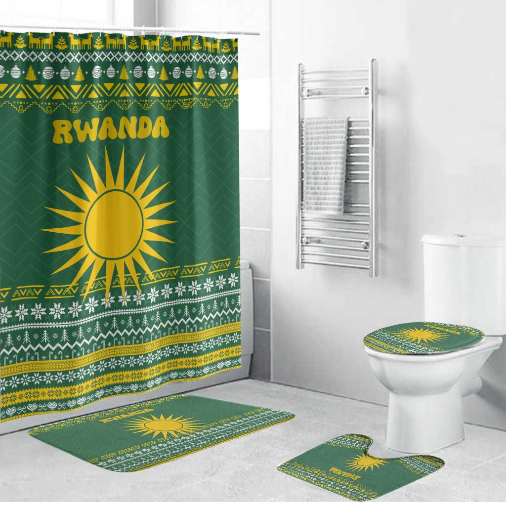 Rwanda Christmas Bathroom Set with Green-Yellow Pattern, National Emblem, and Radiant Sun Motif - Wonder Print Shop