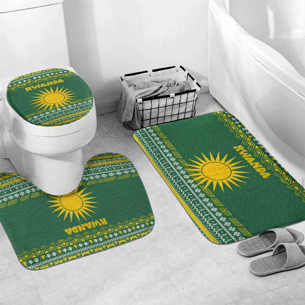 Rwanda Christmas Bathroom Set with Green-Yellow Pattern, National Emblem, and Radiant Sun Motif - Wonder Print Shop