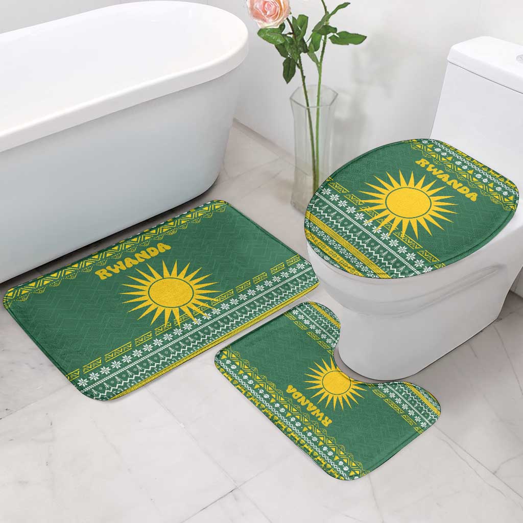 Rwanda Christmas Bathroom Set with Green-Yellow Pattern, National Emblem, and Radiant Sun Motif - Wonder Print Shop