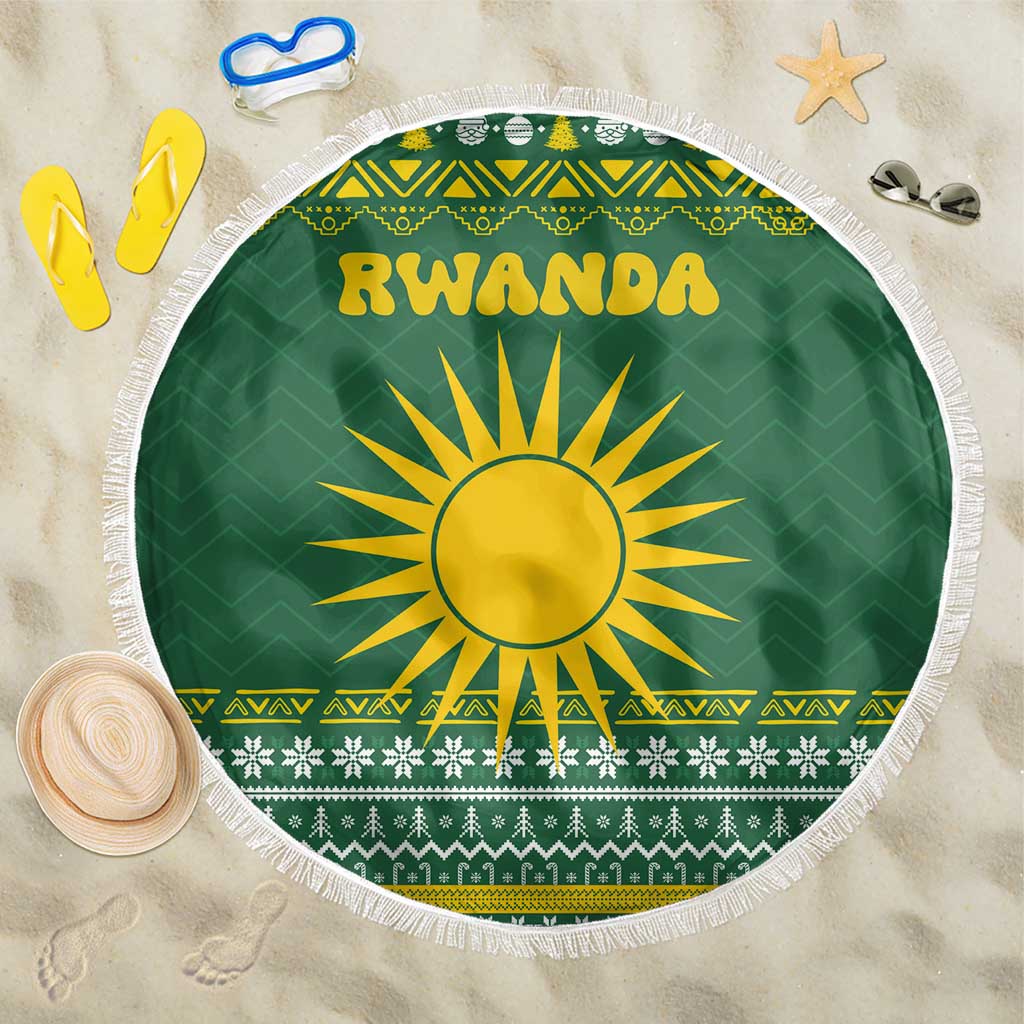 Rwanda Christmas Beach Blanket with Green-Yellow Pattern, National Emblem, and Radiant Sun Motif - Wonder Print Shop