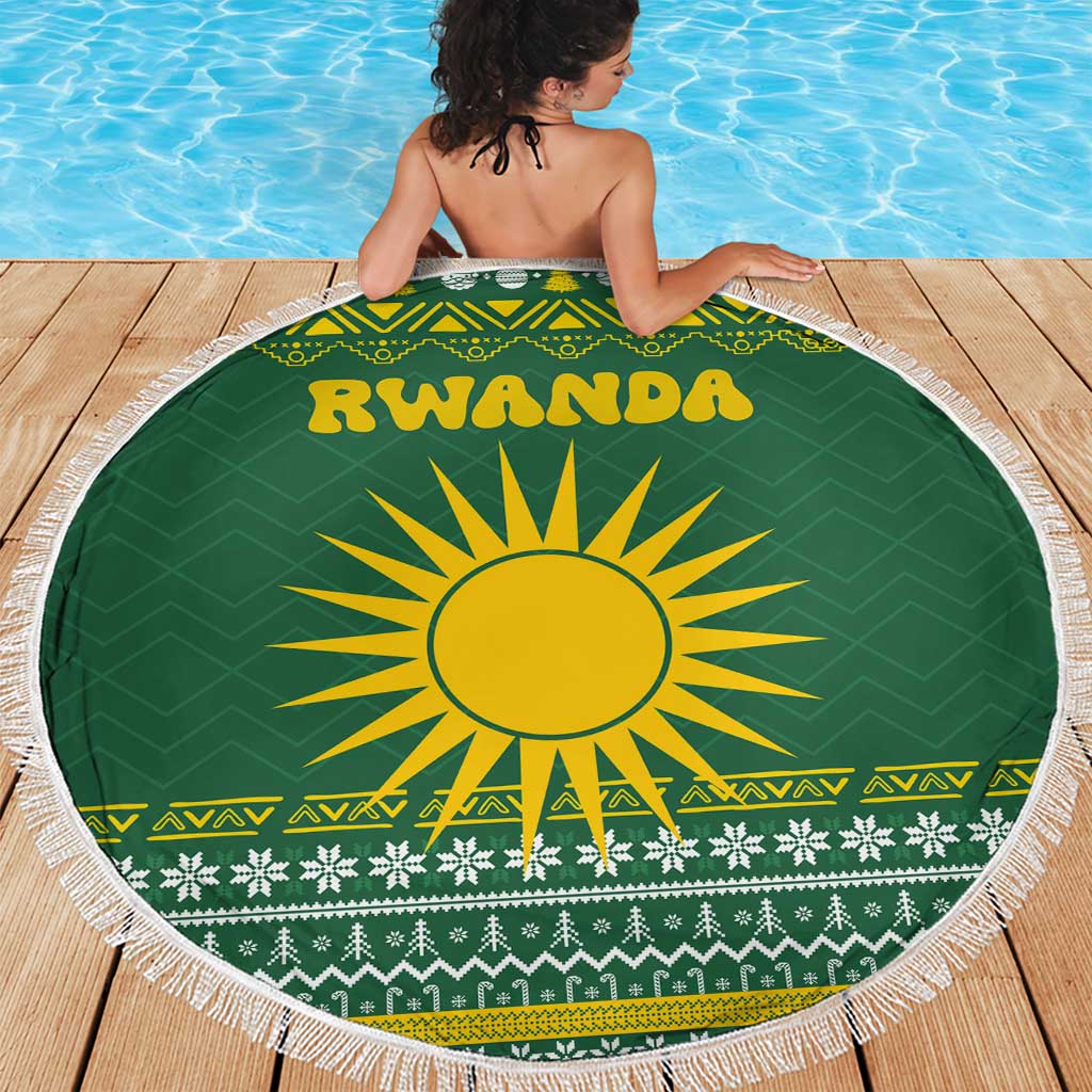 Rwanda Christmas Beach Blanket with Green-Yellow Pattern, National Emblem, and Radiant Sun Motif - Wonder Print Shop