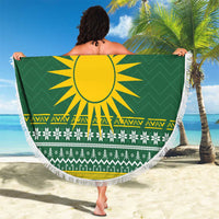 Rwanda Christmas Beach Blanket with Green-Yellow Pattern, National Emblem, and Radiant Sun Motif - Wonder Print Shop