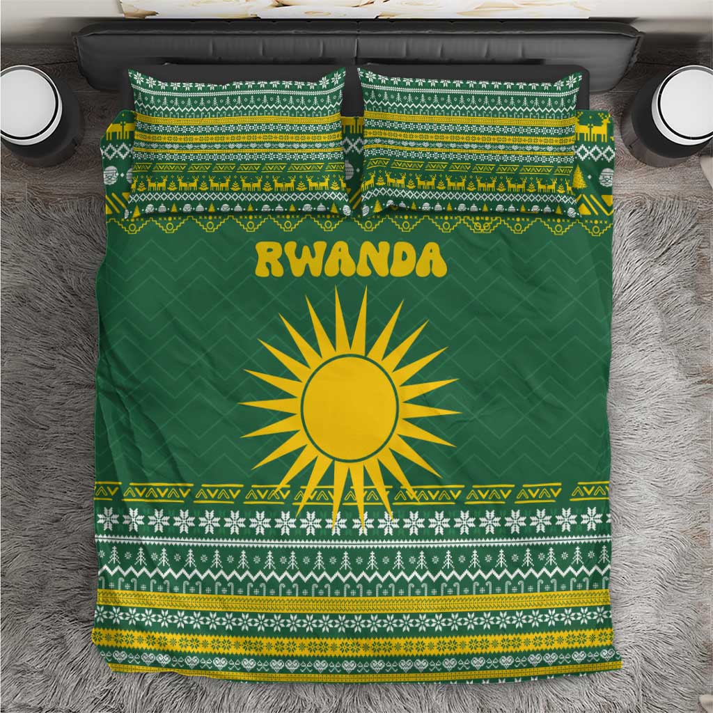 Rwanda Christmas Bedding Set with Green-Yellow Pattern, National Emblem, and Radiant Sun Motif - Wonder Print Shop