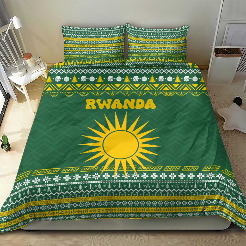 Rwanda Christmas Bedding Set with Green-Yellow Pattern, National Emblem, and Radiant Sun Motif - Wonder Print Shop