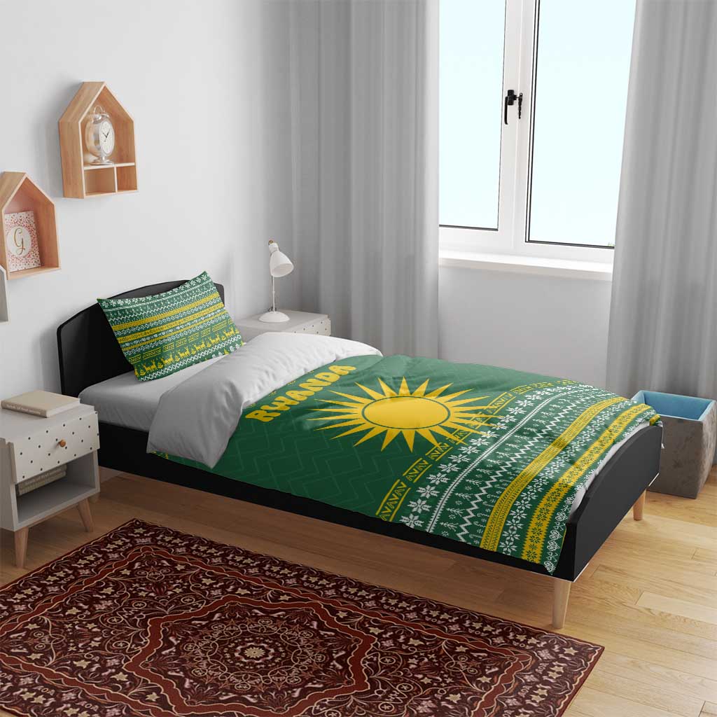 Rwanda Christmas Bedding Set with Green-Yellow Pattern, National Emblem, and Radiant Sun Motif - Wonder Print Shop