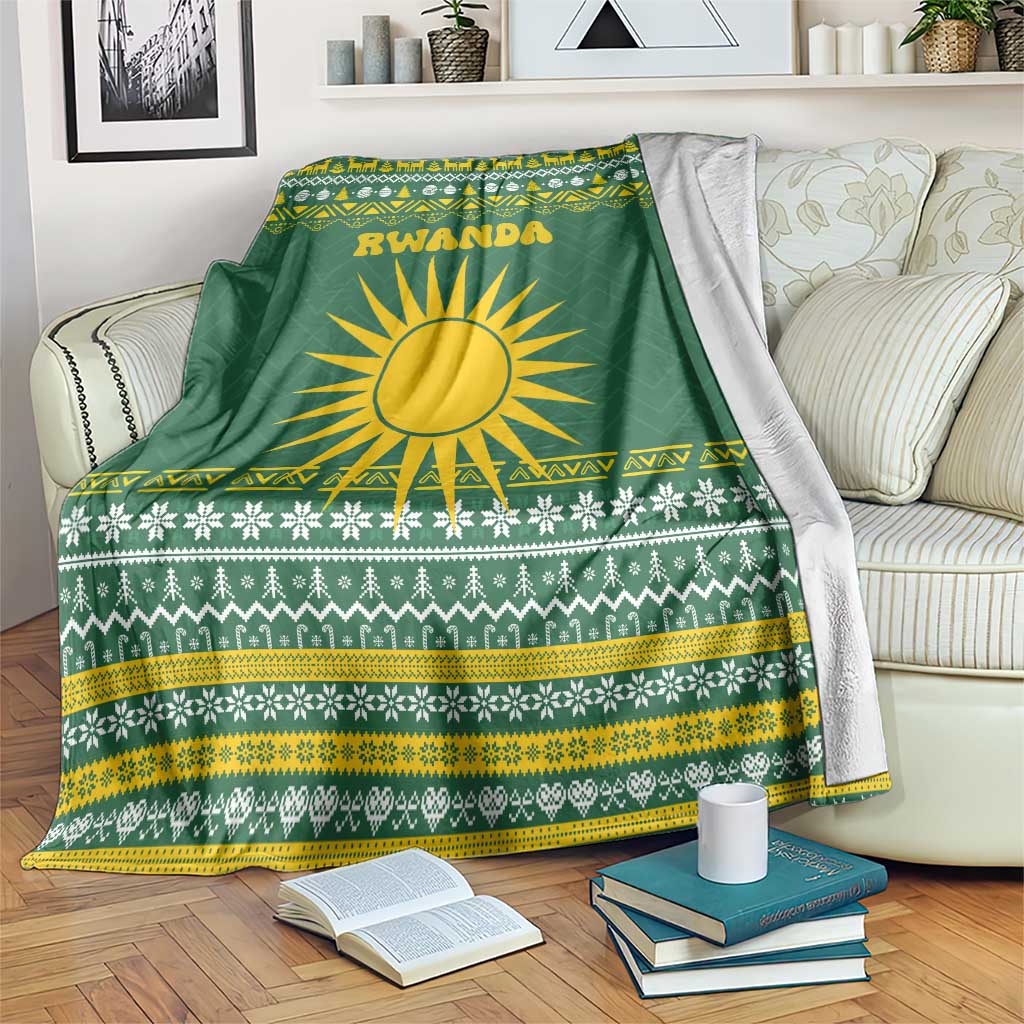 Rwanda Christmas Blanket with Green-Yellow Pattern, National Emblem, and Radiant Sun Motif - Wonder Print Shop