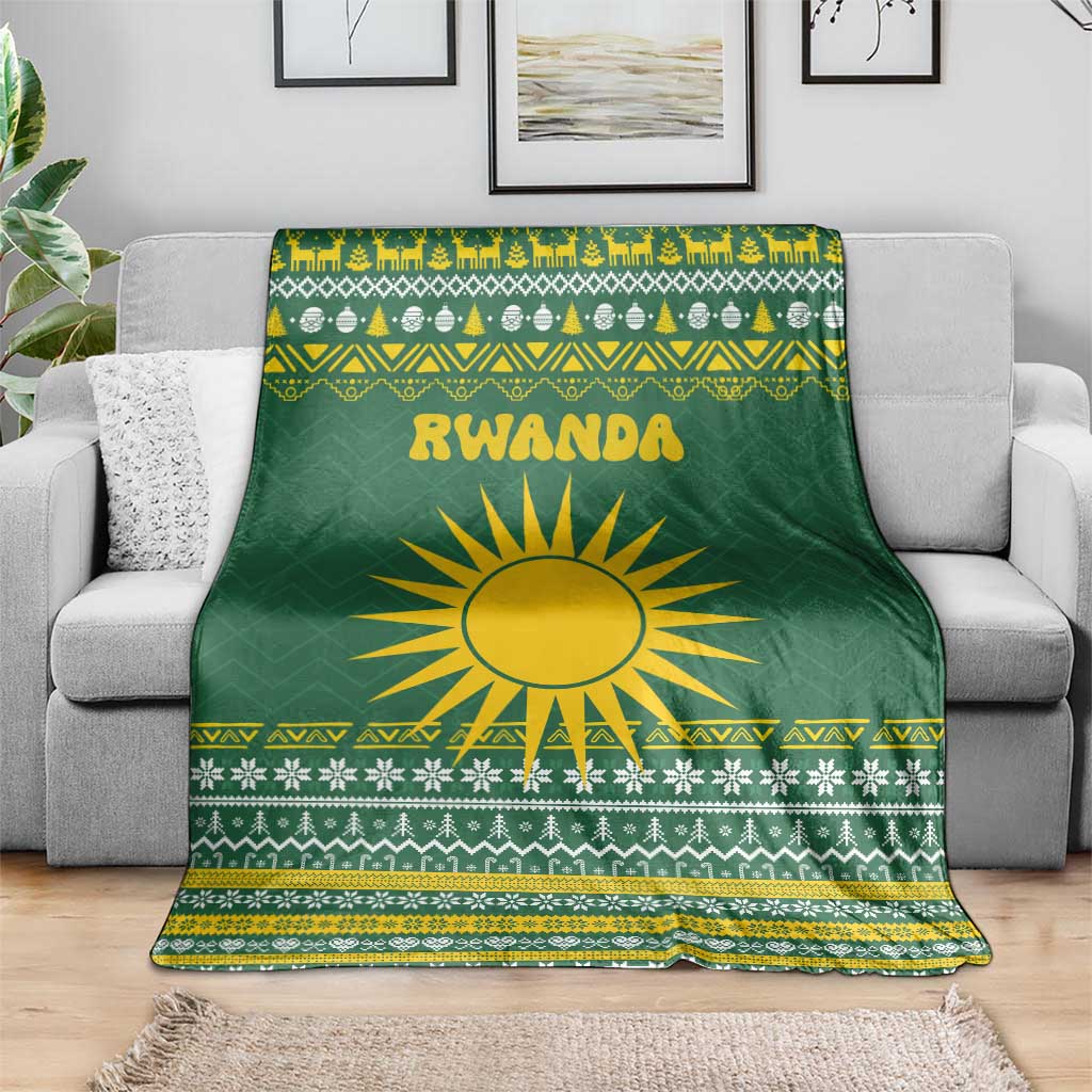 Rwanda Christmas Blanket with Green-Yellow Pattern, National Emblem, and Radiant Sun Motif - Wonder Print Shop