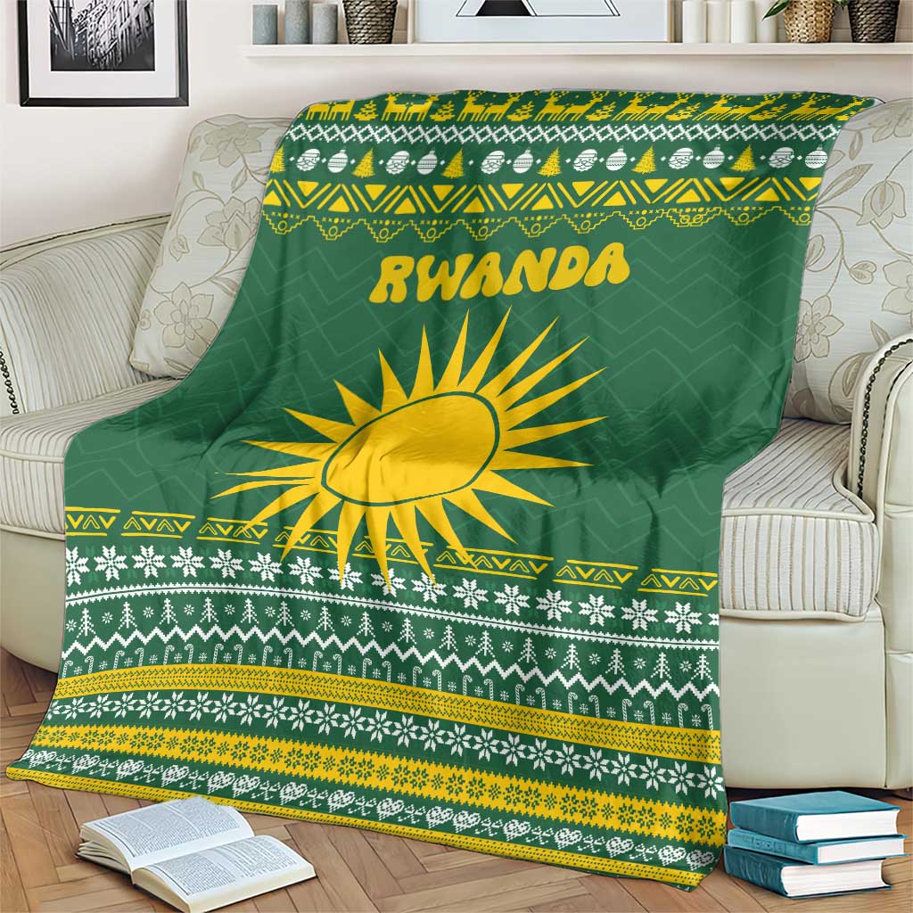 Rwanda Christmas Blanket with Green-Yellow Pattern, National Emblem, and Radiant Sun Motif - Wonder Print Shop