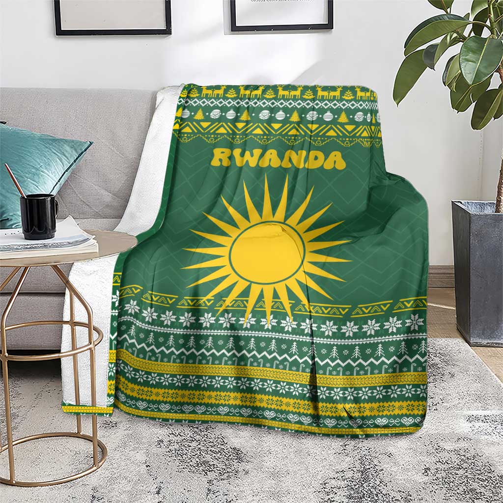 Rwanda Christmas Blanket with Green-Yellow Pattern, National Emblem, and Radiant Sun Motif - Wonder Print Shop