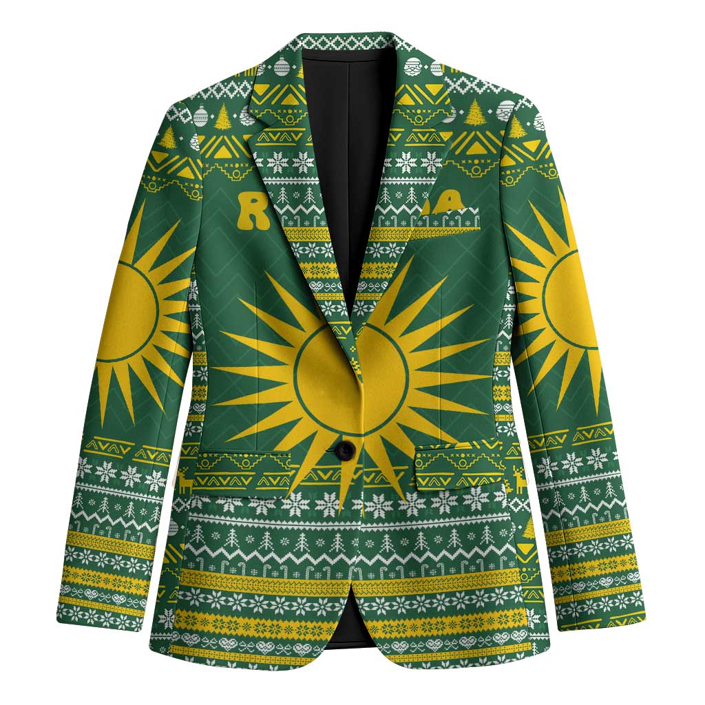 Rwanda Christmas Blazer with Green-Yellow Pattern, National Emblem, and Radiant Sun Motif - Wonder Print Shop