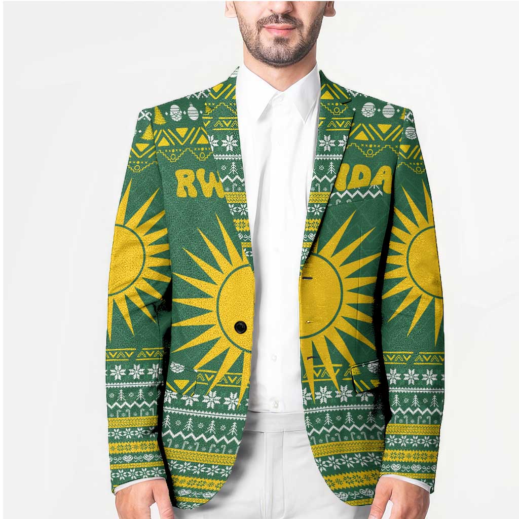 Rwanda Christmas Blazer with Green-Yellow Pattern, National Emblem, and Radiant Sun Motif - Wonder Print Shop
