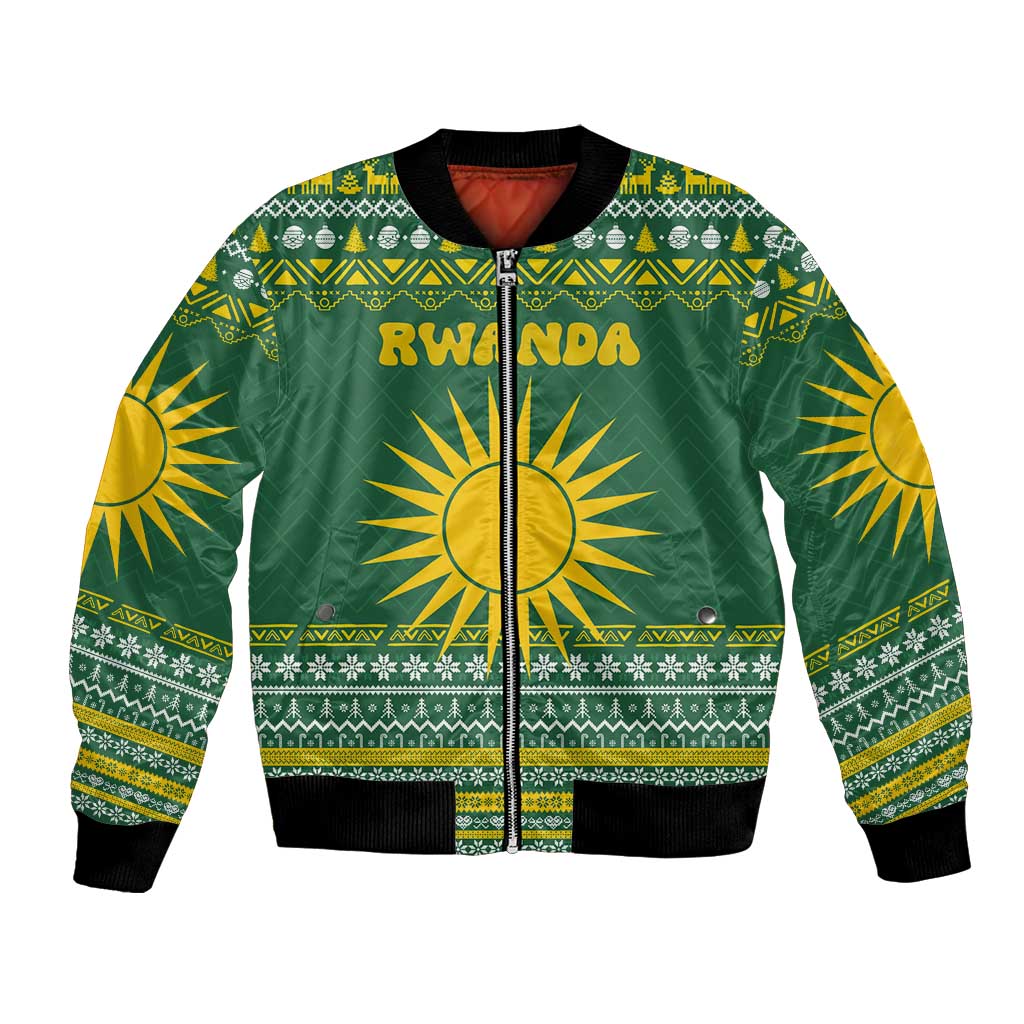Rwanda Christmas Bomber Jacket with Green-Yellow Pattern, National Emblem, and Radiant Sun Motif - Wonder Print Shop