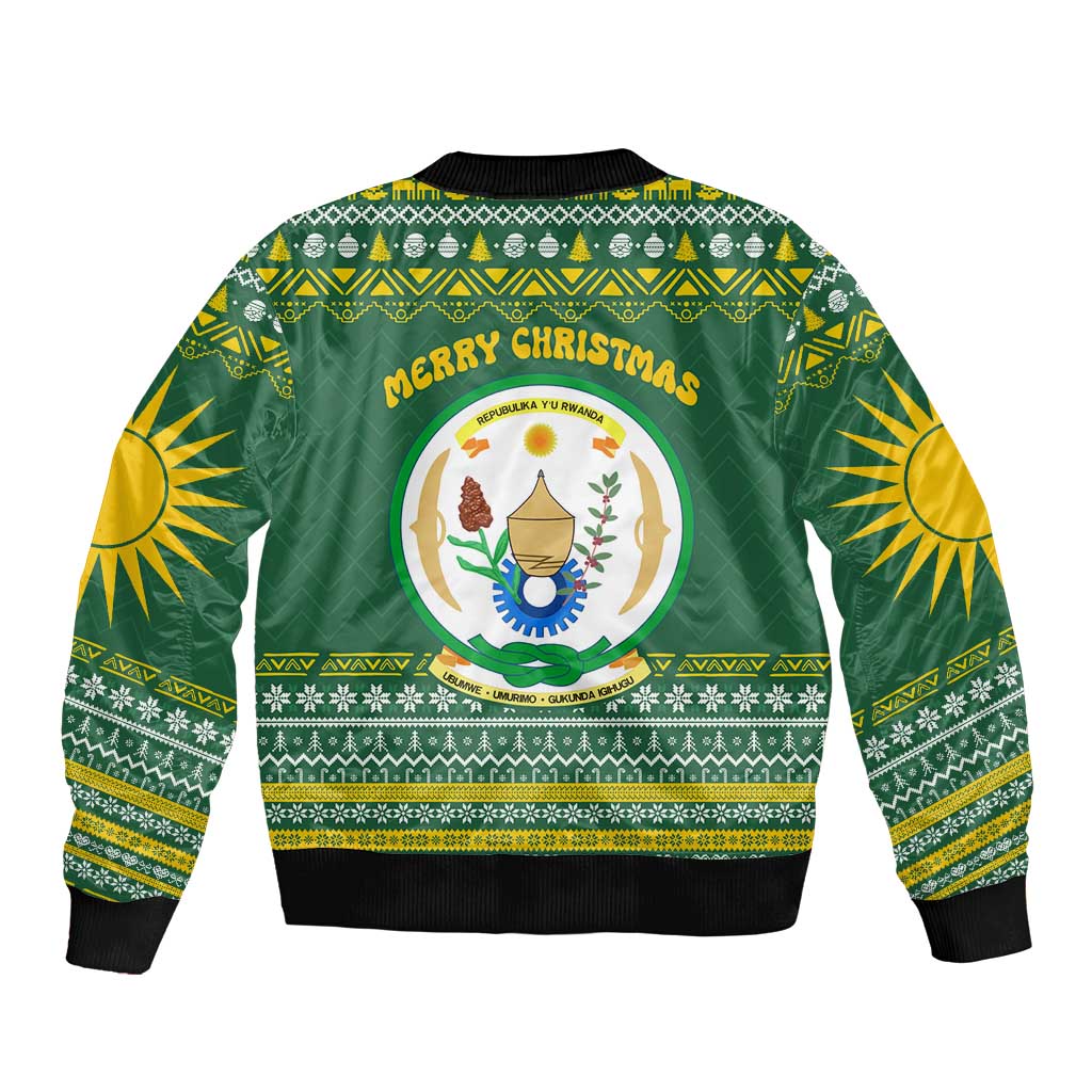 Rwanda Christmas Bomber Jacket with Green-Yellow Pattern, National Emblem, and Radiant Sun Motif - Wonder Print Shop
