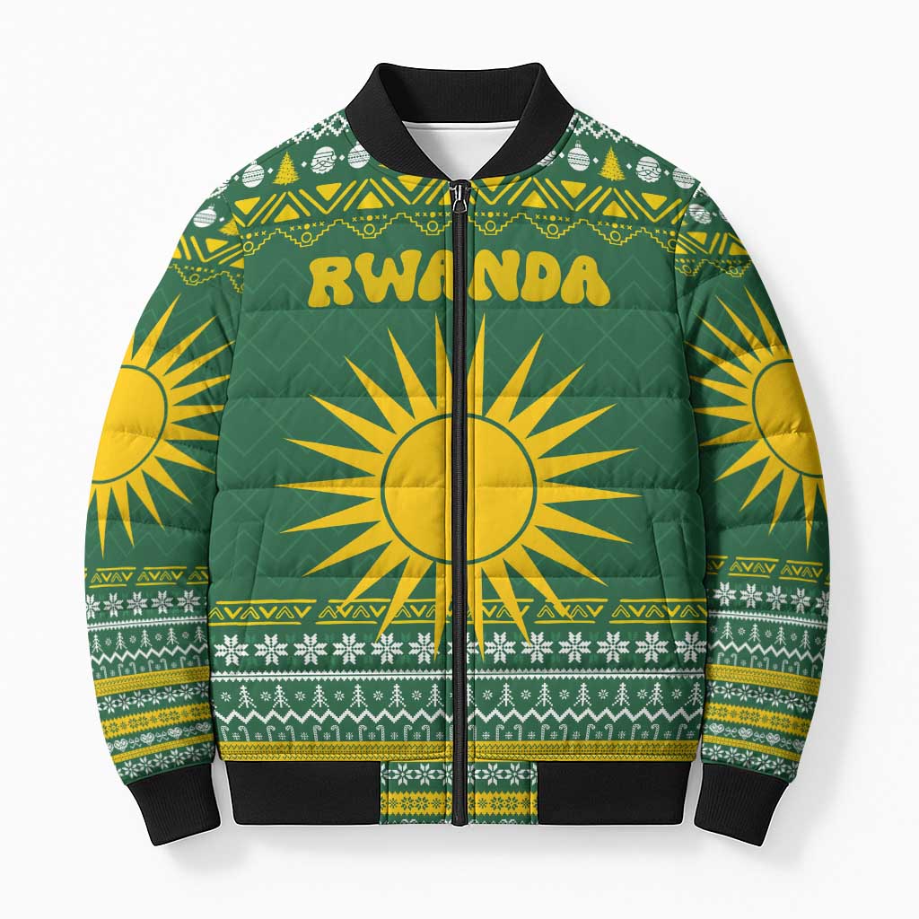 Rwanda Christmas Bomber Puffer Jacket with Green-Yellow Pattern, National Emblem, and Radiant Sun Motif - Wonder Print Shop