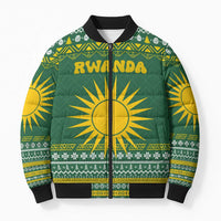 Rwanda Christmas Bomber Puffer Jacket with Green-Yellow Pattern, National Emblem, and Radiant Sun Motif - Wonder Print Shop
