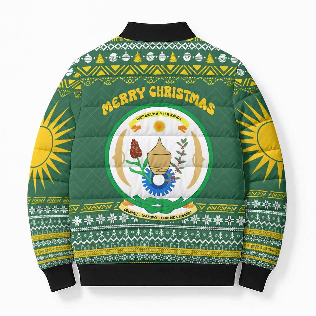 Rwanda Christmas Bomber Puffer Jacket with Green-Yellow Pattern, National Emblem, and Radiant Sun Motif - Wonder Print Shop