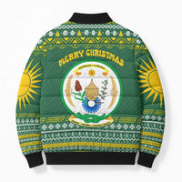 Rwanda Christmas Bomber Puffer Jacket with Green-Yellow Pattern, National Emblem, and Radiant Sun Motif - Wonder Print Shop
