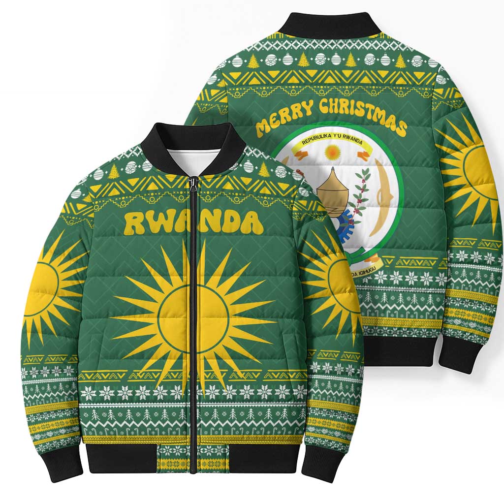 Rwanda Christmas Bomber Puffer Jacket with Green-Yellow Pattern, National Emblem, and Radiant Sun Motif - Wonder Print Shop