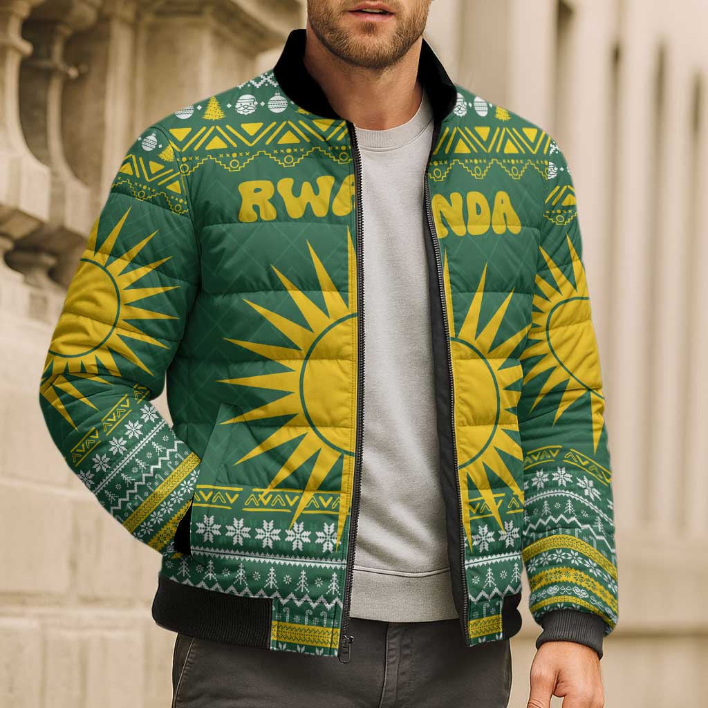 Rwanda Christmas Bomber Puffer Jacket with Green-Yellow Pattern, National Emblem, and Radiant Sun Motif - Wonder Print Shop