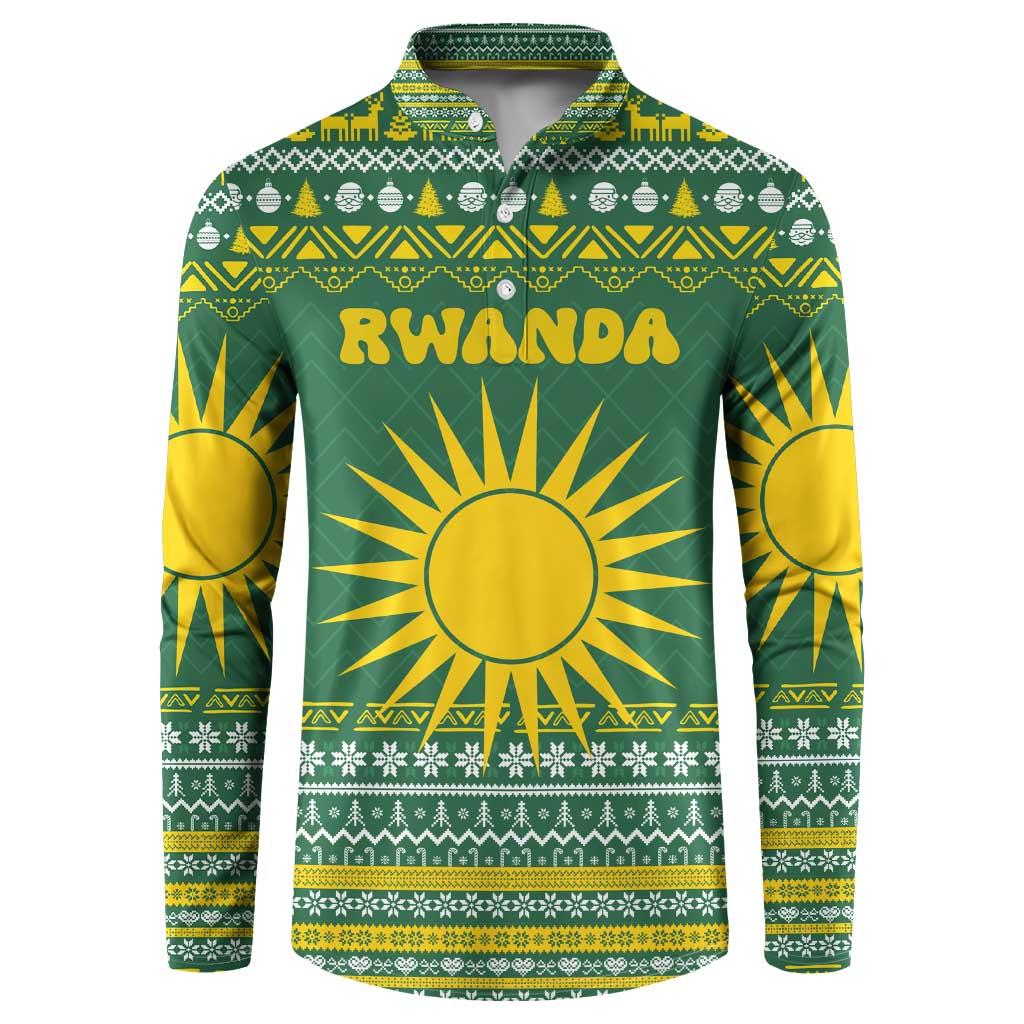 Rwanda Christmas Button Sweatshirt with Green-Yellow Pattern, National Emblem, and Radiant Sun Motif - Wonder Print Shop