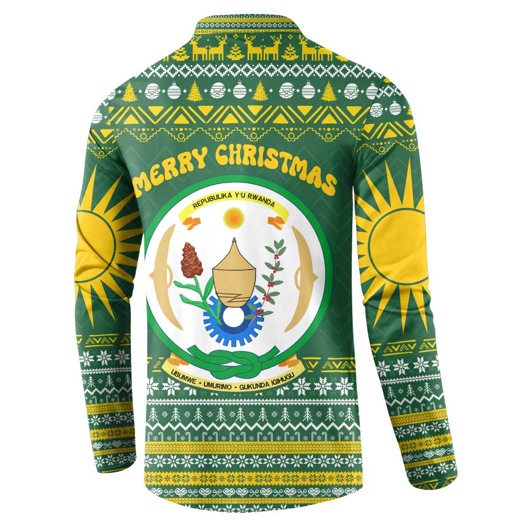 Rwanda Christmas Button Sweatshirt with Green-Yellow Pattern, National Emblem, and Radiant Sun Motif - Wonder Print Shop